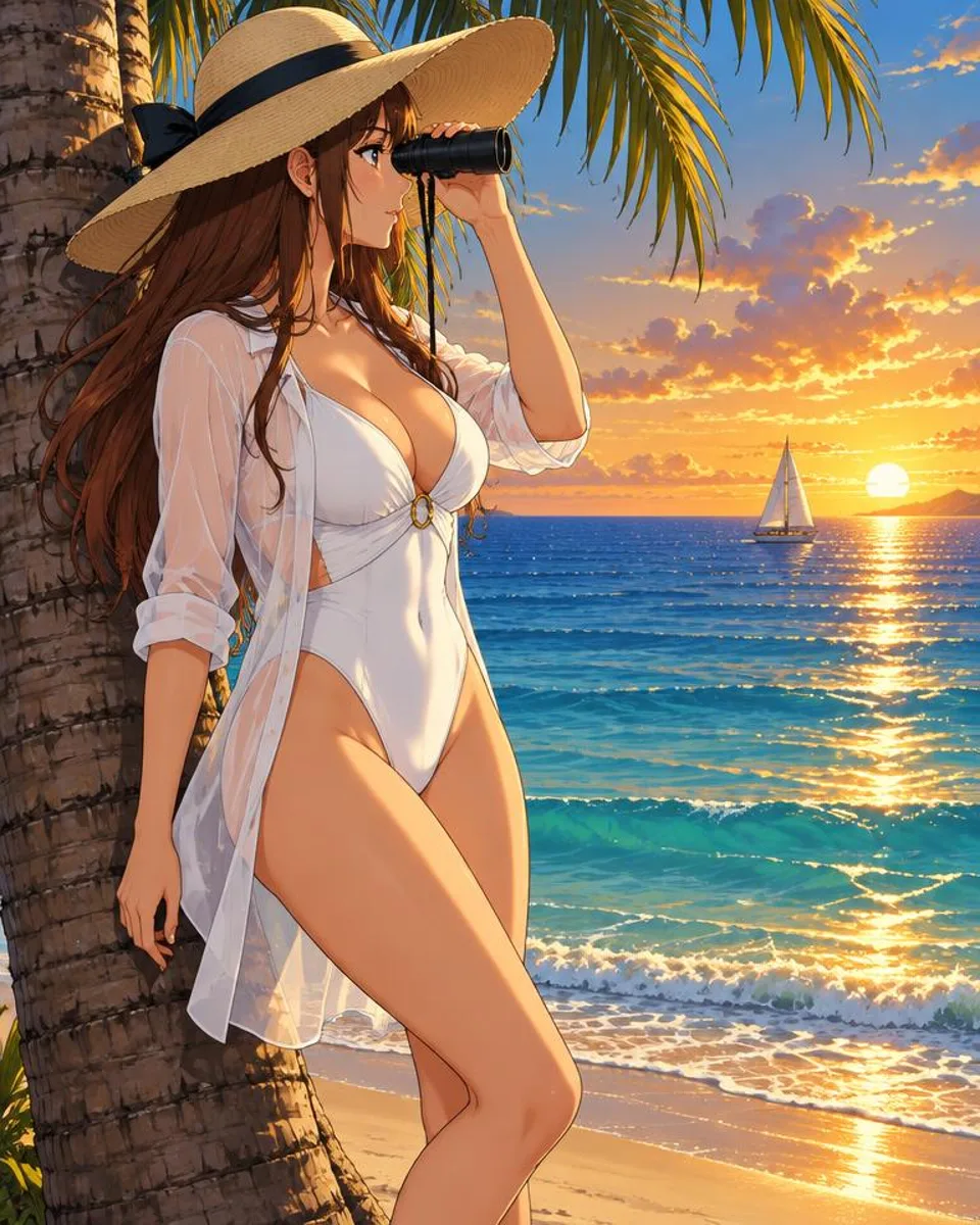 Brivenne, an adult anime companion leaning on a palm trunk watching a sailboat through binoculars