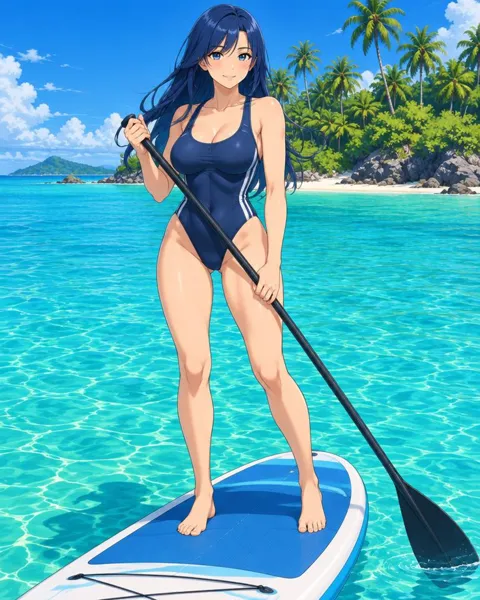 Junievre, an adult anime companion standing on a paddleboard in a clear turquoise lagoon