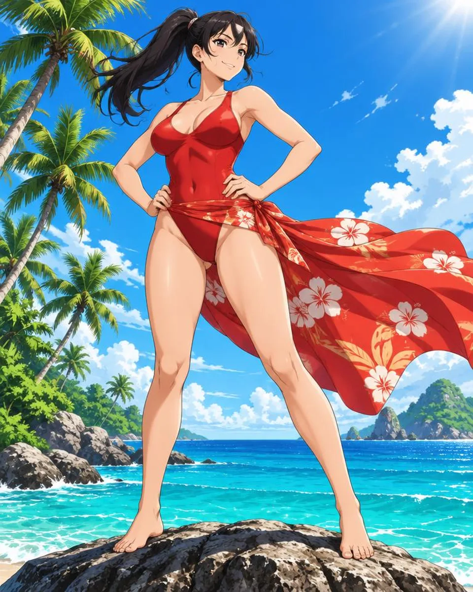 Kestrava, an adult anime companion standing on a sea rock with her sarong flying like a cape