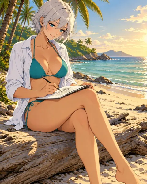 Moirelle, an adult anime companion sitting on a driftwood log sketching the sea