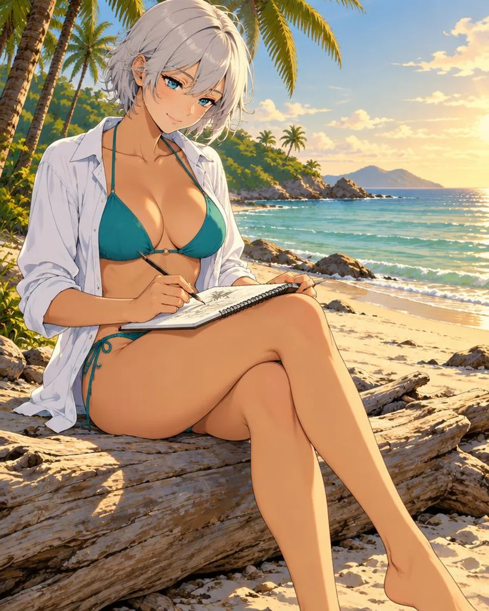 Moirelle, an adult anime companion sitting on a driftwood log sketching the sea