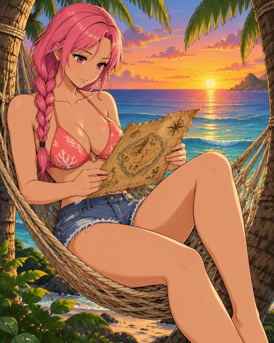 Xantelle, an adult anime companion sitting in a palm hammock reading an old treasure map at sunset